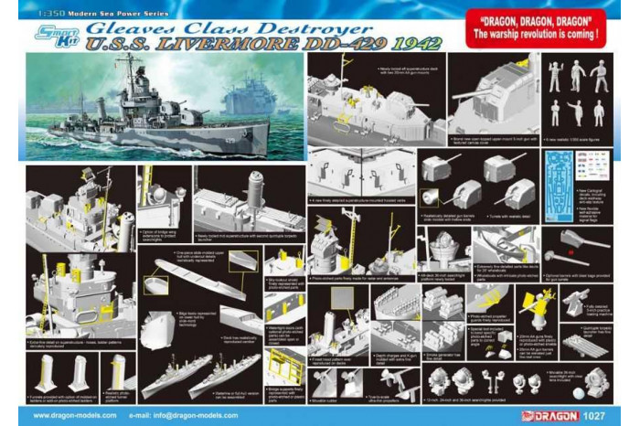 Model Kit loď 1027 - U.S.S. LIVERMORE DD-429 GLEAVES CLASS DESTROYER 1942 (SMART KIT) (1:350)